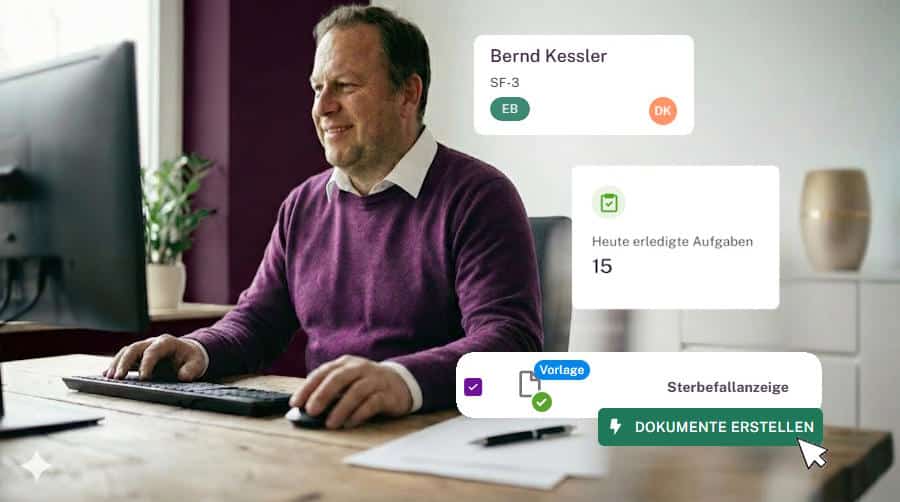 Mann nutzt die Bestattersoftware memilius (KI-generiert)