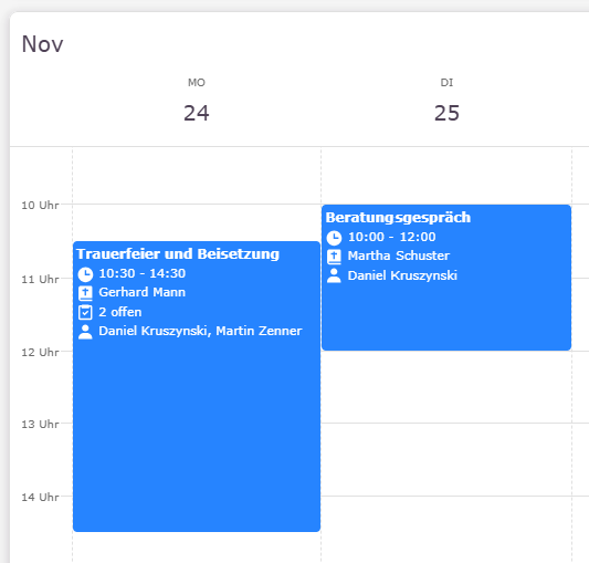 Kalender mit verschiedenen Ansichten in der memilius Bestattersoftware