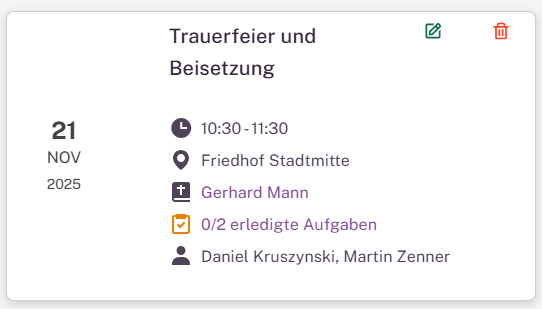 Terminübersicht mit verknüpften Sterbefällen und Aufgabenstatus