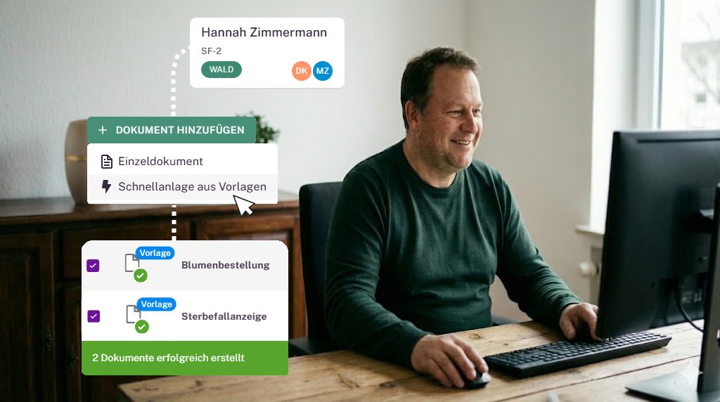 Dokumente werden in Bestattersoftware memilius erstellt Bestatter an Bestattersoftware: Es wird ein Sterbefall geöffnet, die Schnellanlage von Dokumenten ausgewählt und die entsprechenden Vorlagen angehakt. 2 Dokumente werden erfolgreich erstellt.