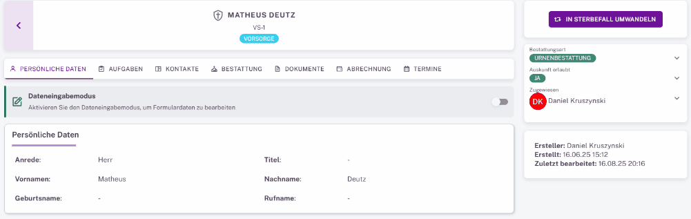 Vorsorge wird nahtlos in Sterbefall umgewandelt