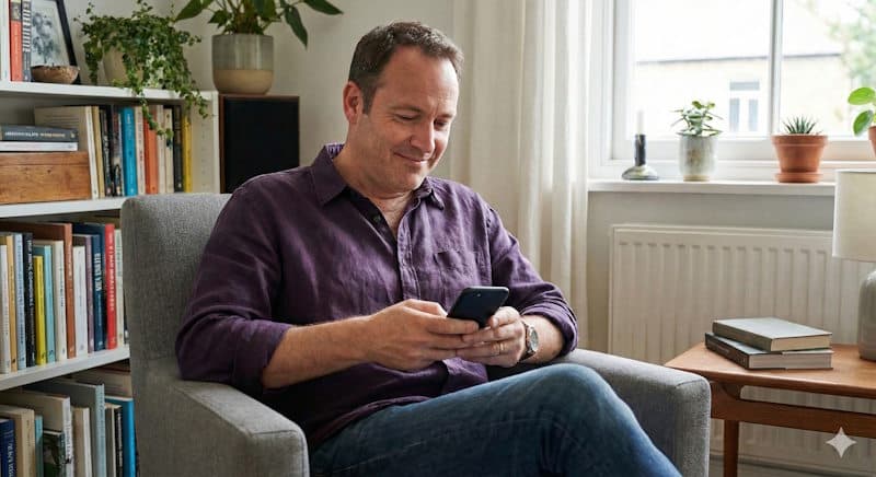 Mann arbeitet am Smartphone in seinem Wohnzimmer