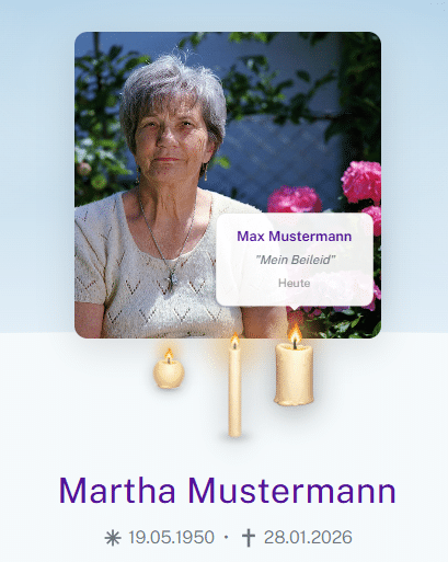 Kerze mit Beileidsbekundung auf einer Gedenkseite