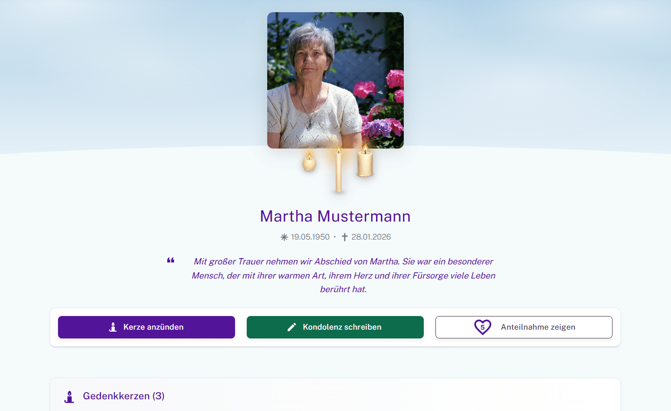 Gedenkseite eines Gedenkportals für Bestatter