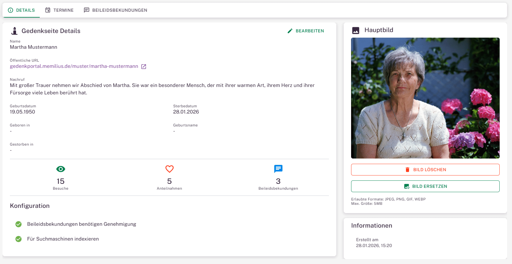 Gedenkseitenverwaltung im Kundenportal